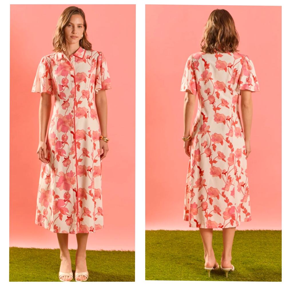 Hyacinth House Tuckernuck Floral Midi Dress Pink Button Flutter Sleeve S NWT